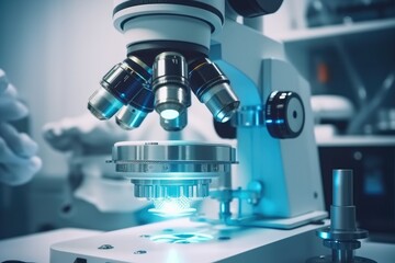 Poster - Close up shot of microscope with metal lens, Modern medical laboratory equipment.