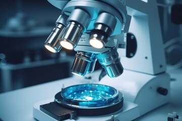 Poster - Close up shot of microscope with metal lens, Modern medical laboratory equipment.