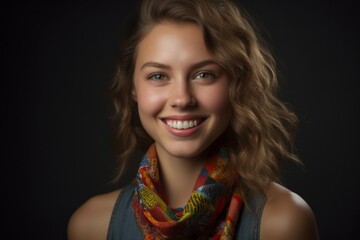 Wall Mural - Lifestyle portrait photography of a grinning girl in her 20s wearing a colorful neckerchief against a dark grey background. With generative AI technology