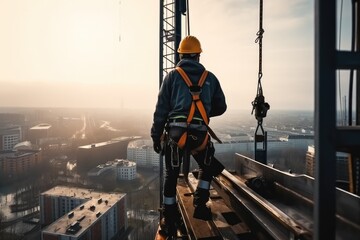 Construction worker wear standard personal protective equipment,  Working on structure at height rise building project.