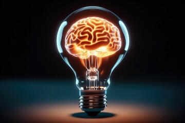 Poster - Glowing brain inside a light bulb, Business bright idea, Represents the power of inspiration and the potential for innovative thinking.