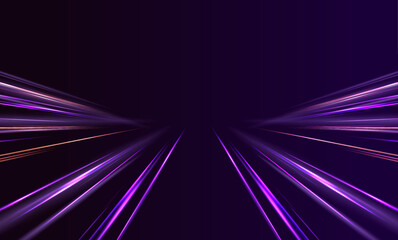 Aufkleber - Panoramic high speed technology concept, light abstract background.  Image of speed motion on the road. Abstract background in blue and purple neon glow colors. Concept of leading in business, Hi tech