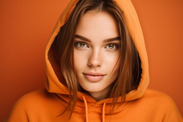 Wall Mural - Close-up portrait photography of a tender girl in her 20s wearing a comfortable hoodie against a tangerine orange background. With generative AI technology