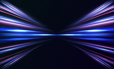 Aufkleber - Panoramic high speed technology concept, light abstract background.  Image of speed motion on the road. Abstract background in blue and purple neon glow colors. Concept of leading in business, Hi tech