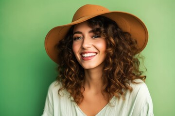 Wall Mural - Lifestyle portrait photography of a satisfied girl in her 20s wearing a stylish sun hat against a pastel green background. With generative AI technology