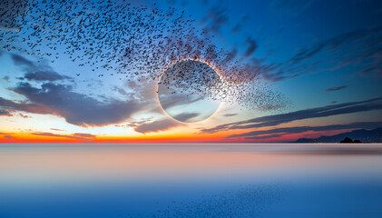 Poster - Silhouette of starling birds flying over the sea with solar eclipse at amazing sunset