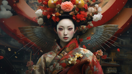 Canvas Print - generative ai geisha with folwers