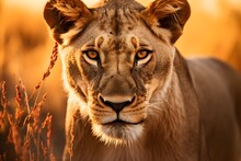 A Captivating Close-up Of A Lioness In The African Savannah, Her Intense Gaze Piercing Through The Lens.