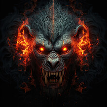 Image Of Angry Demon Monkey Terrifying And Flames On Dark Background. Wildlife Animals. Illustration, Generative AI.