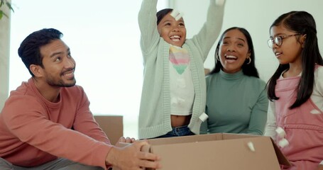 Poster - Parents, kids and open box in new home, toys and happy celebration for fresh start with real estate. Mom, dad and girl children and moving with cardboard package, excited together and family house