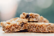 close up of healthy snack granola bar with chocolate chips
