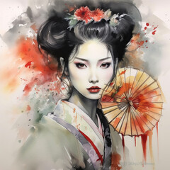 Wall Mural - generative ai. geisha colored with watercolors