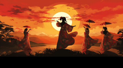 Wall Mural - Japanese geisha dance at sunset