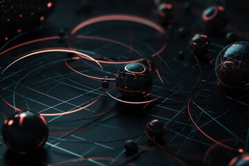 Poster - blue black digital technology abstract background , particles and balls generative ai