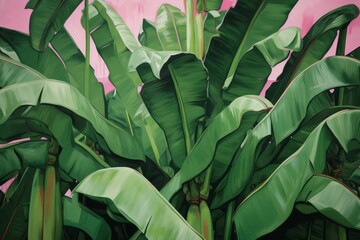  Green Banana Leaves in Vibrant Pink, A Folk and Orientalist Style Painting with Glossy Finish, Generative AI
