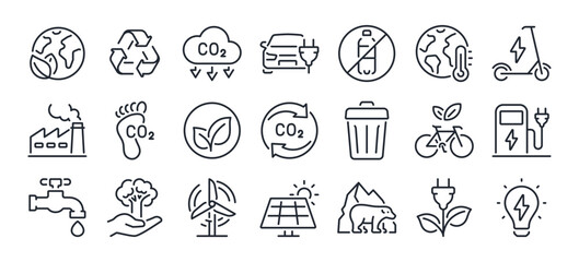 Carbon footprint, CO2 neutral, net zero, sustainable development editable stroke outline icons set isolated on white background flat vector illustration. Pixel perfect. 64 x 64.