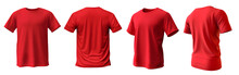 Set Of Red Tee T Shirt Round Neck Front, Back And Side View On Transparent Background Cutout, PNG File. Mockup Template For Artwork Graphic Design. 3D Rendering

