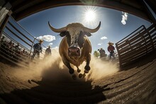Bucking Bull Riding In The Dusty Arena Of A Country Rodeo,
