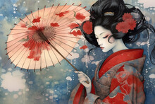 Generative Ai. Geisha Colored With Watercolors