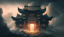  Illustration Of Fantasy Background With Mysterious Ancient Chinese Temple In Mountains. Digital Artwork. Chinese Style