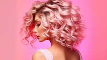 Trendy Women's Hair Styling Blonde Large Curls. Girl In Profile With Professional Hair Styling, Back View. Pink Shades