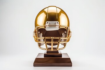 Golden trophy with American football helmet, white background. Generative AI