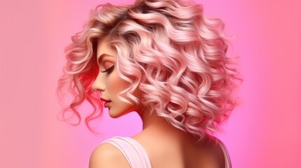 trendy women's hair styling blonde large curls. girl in profile with professional hair styling, back