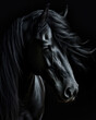 Generated photo-realistic portrait of a Friesian black horse with developing mane
