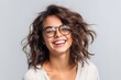 © Markus Schröder - Medium shot portrait photography of a happy girl in her 30s wearing a trendy sunglasses against a pearl white background. With generative AI technology