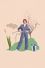 Sticker - Vertical collage picture of pretty confident girl gardener put hands waist denim overall growing flower tree bucket isolated on beige background