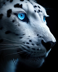 Generated photorealistic close-up portrait of an albino leopard with blue eyes