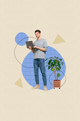 Aufkleber - Vertical collage image of positive intelligent guy hold use netbook networking houseplant isolated on drawing creative background