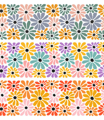 Aufkleber - Seamless Daisy Flower Border in Groovy Retro Style. Hippy Summer Pattern. Floral Decor Boho Aesthetic
