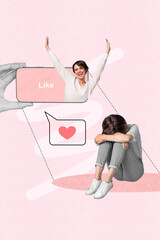 Wall Mural - Photo collage picture of sad lady showing instagram twitter facebook successful happy life isolated pink color background