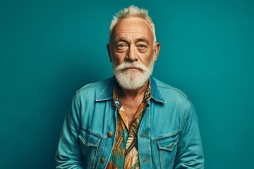 Medium shot portrait photography of a glad old man wearing a denim jacket against a tropical teal background. With generative AI technology