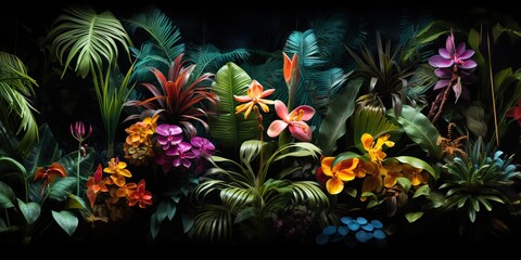 Wall Mural - AI Generated. AI Generative. Notanical herbal exotic tropical plants herbs flowers botanical foliage background nature jungle lanfscape. Graphic Art