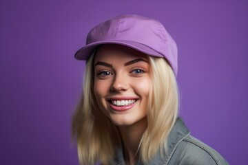 Wall Mural - Medium shot portrait photography of a glad girl in her 20s wearing a cool cap against a lilac purple background. With generative AI technology