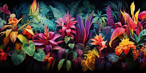 Wall Mural - AI Generated. AI Generative. Notanical herbal exotic tropical plants herbs flowers botanical foliage background nature jungle lanfscape. Graphic Art
