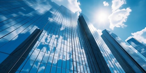 Reflective skyscraper business office buildings. Bottom up view of big modern city urban landscape. Generative AI technology