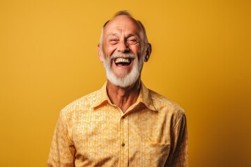 Wall Mural - Medium shot portrait photography of a joyful mature man wearing a classy button-up shirt against a gold background. With generative AI technology