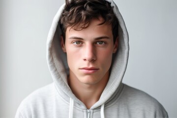 Wall Mural - Close-up portrait photography of a beautiful boy in his 20s wearing a cozy zip-up hoodie against a minimalist or empty room background. With generative AI technology
