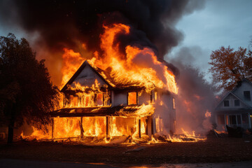 A wooden house is burning with a raging fire