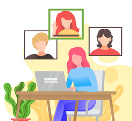Fototapete - Video conference. Woman having a conference video call with her colleagues or friends, online communication concept. Illustration of communication screen conference, videoconferencing, online meeting