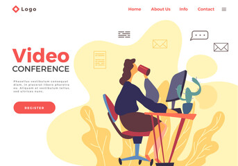 Fototapete - Landing page template with woman holding a video conference with colleagues or friends, online communication concept. Female sitting at the table with computer, drinking cofee, videoconferencing