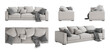 Set of five views of elegant modern three-seater sofa with a light gray cover, many pillows, and plaid with tassels. Front view, side views, top view, and perspective view. 3d render