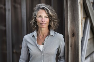 Wall Mural - Headshot portrait photography of a satisfied mature girl wearing an elegant long-sleeve shirt against a rustic barn background. With generative AI technology