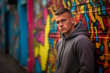 Wall Mural - Lifestyle portrait photography of a glad boy in his 30s wearing a comfortable hoodie against a colorful graffiti wall background. With generative AI technology