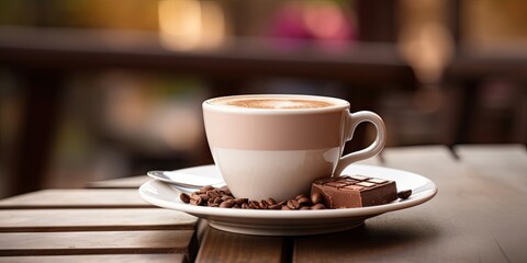 White cup of hot chocolate on blurred cafe background on vintage wooden Table