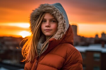 Wall Mural - Urban fashion portrait photography of a satisfied kid female wearing a cozy winter coat against a vibrant sunset background. With generative AI technology