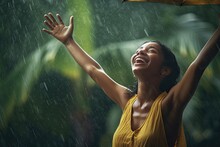 Woman Celebrating Life Raising Arms Under The Rain. AI Generative